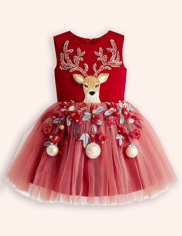 Festival Floral Reindeer Embroidered Tulle Dress